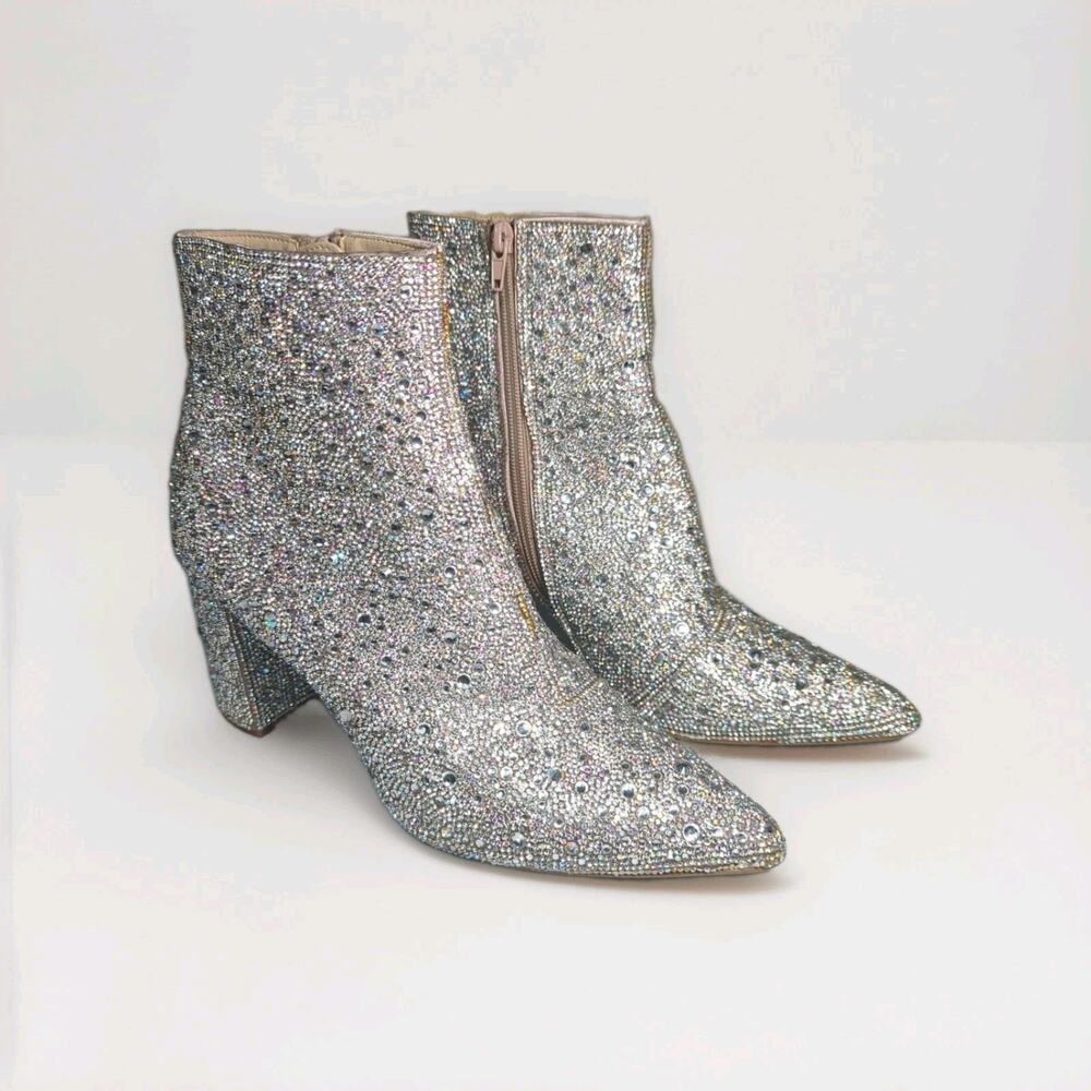 Betsey Johnson SB-Cady Rhinestone Ankle Boots Pointed Toe Block Heel Silver 9M